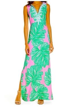 fitted lace wedding dress Lilly Pulitzer Hadly Smocked Cotton Maxi Amalfi Blue Leaf It Wild MD at  Amazon Women's Clothing store main image 0